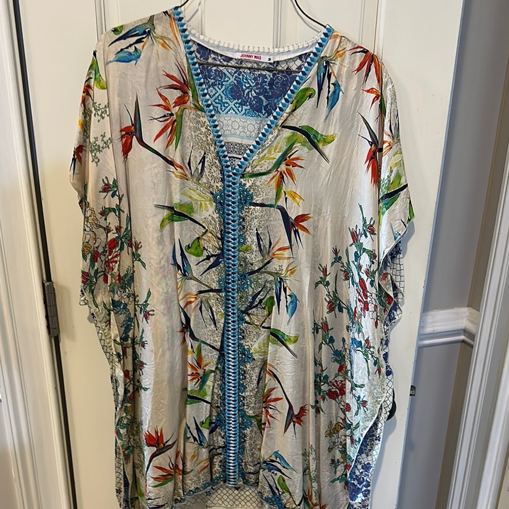 Johnny Was White Tunic with Blue, Green & Red Floral Print